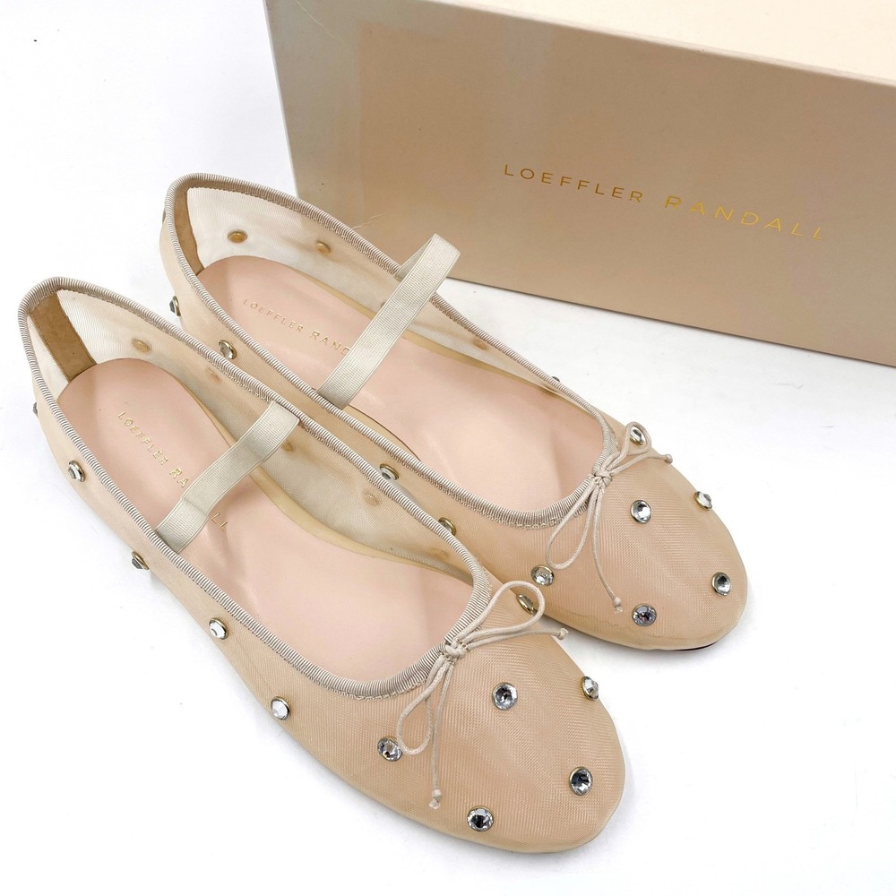 Loeffler Randall Leonie Ballet Flats Beige Crystal Mesh‎ Mary Jane Sz 9